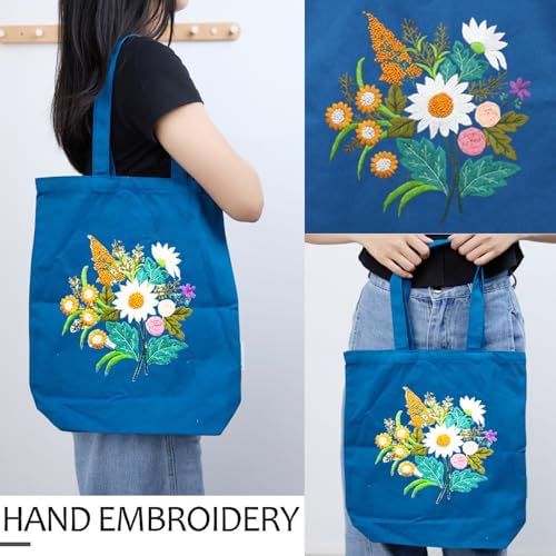 Canvas Tote Bag Embroidery Kit with Pattern for Beginners, Arts and DIY Embroidery Crafts Kits for Adults, Instructions, thimble, Embroidery Hoops, Color Threads (darkblue, CR002 chenhuicaoxin) - Image 2