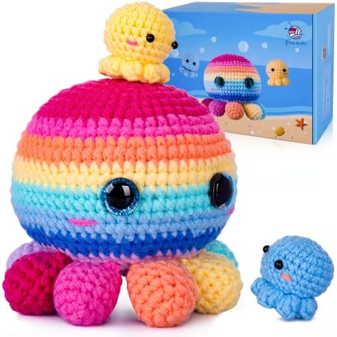 Crochetta Crochet Kit for Beginners, Crochet Kit Step-by-Step Video Tutorials, Crochet Starter Kit Learn to Crochet Kits for Adults Kids Beginners, Jumbo 3 Colorful Octopus Familly (40%+ Yarn Content) by Crochetta