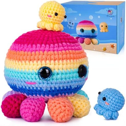 Crochetta Crochet Kit for Beginners, Crochet Kit Step-by-Step Video Tutorials, Crochet Starter Kit Learn to Crochet Kits for Adults Kids Beginners, Jumbo 3 Colorful Octopus Familly (40%+ Yarn Content) by Crochetta