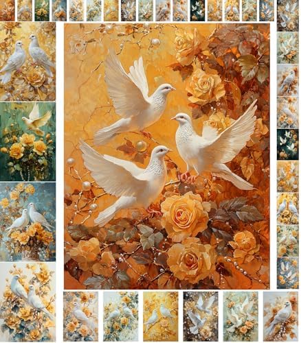 Decoupage Paper Pack (35 Sheets 6"x8") Doves and Roses: Elegant White Doves paired with Vibrant Yellow Roses, Set Against Soft and Calming Pastel Backgrounds FLONZ Vintage by FLONZCRAFT