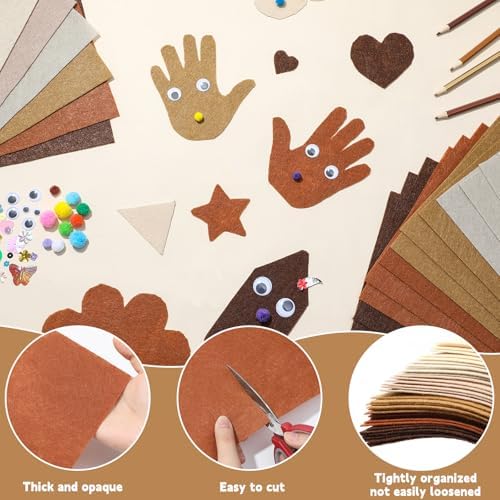 gisgfim 42Pcs Brown Felt Fabric Sheets Craft Kit 8 x 12 Inch Assorted Soft Thick Tan Felt Pack with Wiggle Google Eyes Pom Poms Glitter Patchwork Craft Supply for DlY Sewing Creative Art Project Decor - Image 3