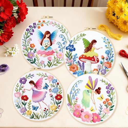 BEUNITONE 4 Set Fairy Patterns Embroidery Kit for Beginners 7.9"x7.9" DIY Complete Needlepoint Kits for Adults, Cross Stitch Starter Kit with Hoops and Instructions, Handmade Gifts for Home Decor - Image 6