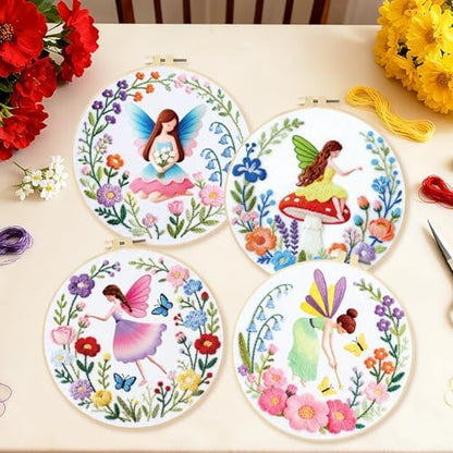 BEUNITONE 4 Set Fairy Patterns Embroidery Kit for Beginners 7.9"x7.9" DIY Complete Needlepoint Kits for Adults, Cross Stitch Starter Kit with Hoops and Instructions, Handmade Gifts for Home Decor - Image 6