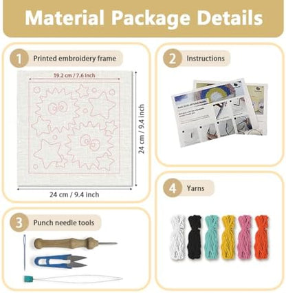 Doodlream Cute Black Elves Needle Kit for Beginner, 9.4"x 9.4" Color Star Punch Stitching Craft Set, DIY Embroidery Starter with Printed Frame, Instruction, Threader, Yarn, Pinch Needle - Image 2