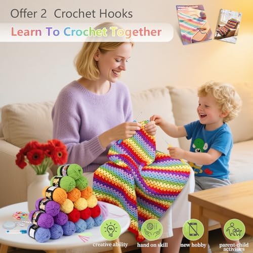 Reessy Crochet Blanket Kit for Beginners, Easy Crochet Kit for Beginners Adults & Kids with Step-by-Step Video Instructions, 43pcs Colorful Rainbow Stripe Learn to Knit Kits for Beginner - Image 4