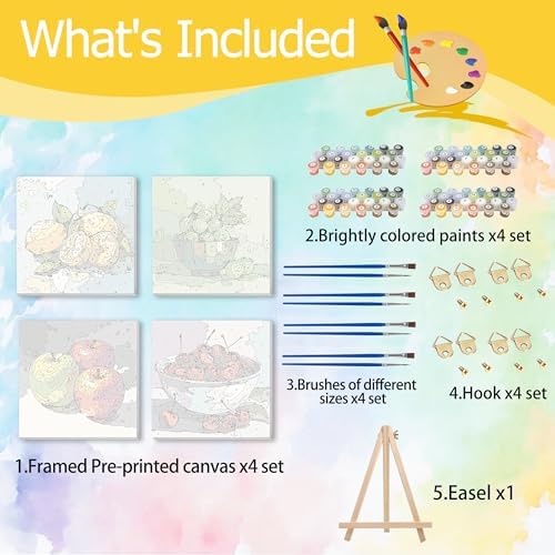 Ycydilirab 4 Pack Fruit Paint by Numbers Kit for Adults with Framed Wooden Easel - Fruit Adult Paint by Number,Paint by Number Canvas for Adults Gifts Home Wall Decor 8×8 inch - Image 4