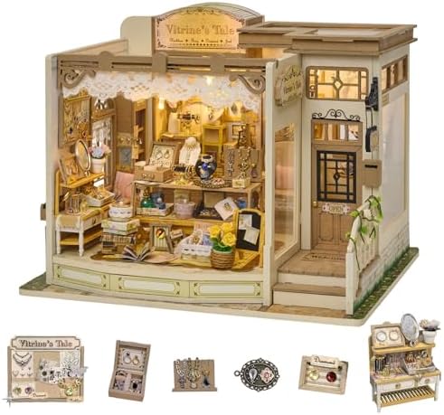 fifijoy DIY Miniature Dollhouse Kit - Jewelry Shop DIY Miniature House Kit for Adults and Teens, 3D Wooden Puzzle Tiny House Model with LED Light, Unique Gift for Family, Friends (Vitrine’s Tale) by fifijoy