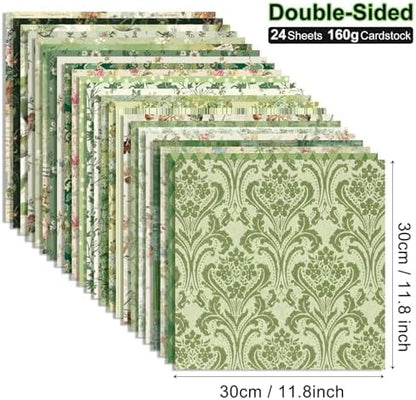 Green Scrapbook Paper Green Floral Pattern Papers Pad 12×12,24 Sheets Double-Sided Bobo Floral Scrapbooking CardStock Paper Supplies for Holiday Cardmaking DIY Junk Jounal Papers. - Image 2