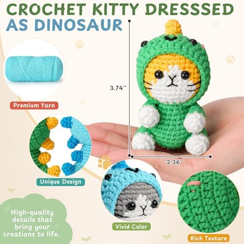 Fortuning's JDS Crochet Kit for Beginners, 2 Pack Dinosaur Cat Crochet Kit - Image 4