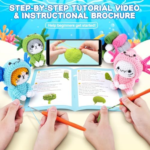 Fortuning's JDS Crochet Kit for Beginners, 3 PCS Axolotl Cat Crochet Kits - Image 2