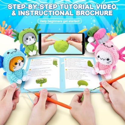 Fortuning's JDS Crochet Kit for Beginners, 3 PCS Axolotl Cat Crochet Kits - Image 2