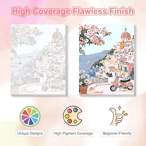 TOSTOG Coastal Town Framed Canvas Paint by Numbers Art Kit for Adults and Kids, Beginner Acrylic Oil Painting Supplies with Wooden Frame for Home Wall Decor 20 * 30 cm/8 * 11.8 in - Image 4