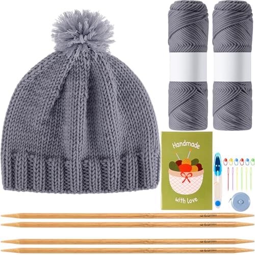Maasechs Knitting Kits for Beginners Adults Complete Hat Knit Set with Yarn Bamboo Needles Starter Crochet Kit with Full Knitting Crochet Accessories for Women and Men(Gray) by Unknown