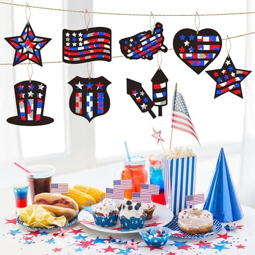 CJiangpo 24 Sets Independence Day Suncatcher Paper Craft Kits, DIY Stained Glass Effect Window Ornament Tissue Paper Art Craft for Classroom Activities 4th of July Patriotic Decors Party Supplies - Image 5