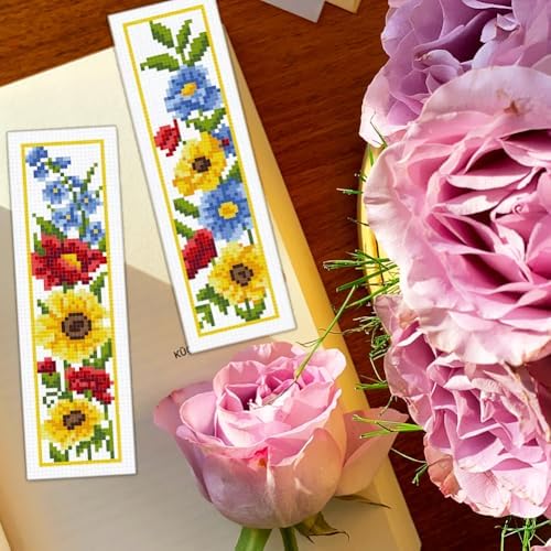 BEUNITONE 6 Pcs Flowers Cross Stitch Bookmark Kit for Adults Beginners Vivid Floral DIY Stamped Embroidery Bookmark Punch Needle Kit with Instructions for Book Lovers Reader Writer Gift 8''x2.4'' - Image 5