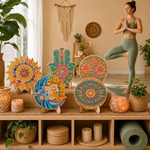 byvood 5 Pack Mandala Painting Set, Wooden Mandala Coloring Set with Markers, DIY Unfinished Wood Cutouts, Paint Your Own Wood Craft for Adults, Home Classroom Table Decor - Image 3