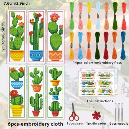 ACRNIGHEET 6PCS Cactus Cross Stitch Bookmark Kit for Beginner Stamped Cross Stitch Kits for Adults DIY Embroidery Bookmark Kits Crossstitch Kits Adult with Instructions Hand Craft Gift 11CT - Image 2