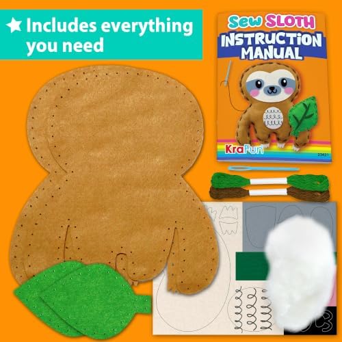 KRAFUN Beginner Sewing Kit, Sew Sloth & Leaf, Pre-Cut Felt, Kids Ages 5+ - Image 2