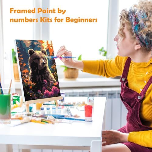MOGTAA Bear Paint by Numbers Kit for Adults Beginners with Frame, Flowers Adult Paint by Number Kits on Canvas with Easel, Easy DIY Oil Painting Kits for Home Decor, 8x12in - Image 4