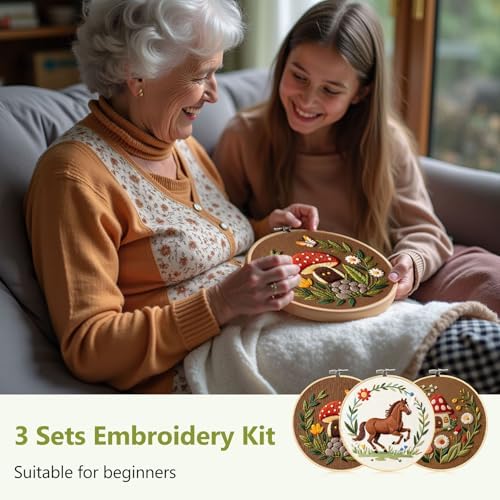 Santune 3 Pack Embroidery Kit Cross Stitch Needlepoint Kits for Beginners Adult Needle Point Sets with Mushroom & Horse Embroidery Patterns, Includes Step-By-Step Instructions & Accessories - Image 5
