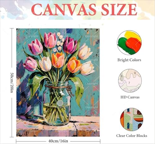 Sceorixa Tulip Paint by Numbers Kit for Adults – DIY Tulip Flower Bouquet- Jar Painting on Canvas 16x20 inch, Set for Beginners, Elegant Floral Art for Home Decoration or Gift, Unframed - Image 2