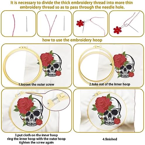 BEUNITONE 4 PCS Skull Embroidery Kit Flower Cross Stitch Kit for Beginners Adults Brain Embroidery Starter Kit Bone Needlepoint Kit for Beginners Inner DIY Embroidery kit with Instructions Home Decor - Image 3