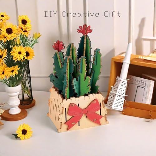 3D Wooden Flower Puzzle Kit for Adults | DIY Botanical Bouquet Building Set with Adjustable Vase | Home Decor & Stress Relief Gift-Cactus (50PCS) - Image 4
