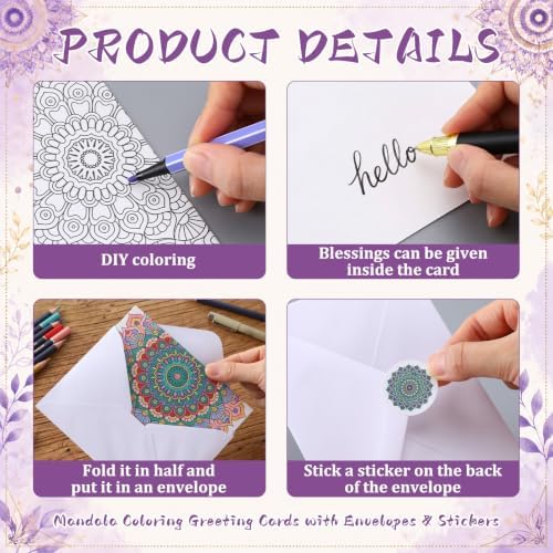 Gueevin 24 Pcs Mandala Coloring Greeting Cards with Envelopes and Stickers Floral Color Your Own Postcards 4 x 6 Flower Thank You Note Cards for Adults Wedding Birthday Gifting DIY Crafts Mailing - Image 3