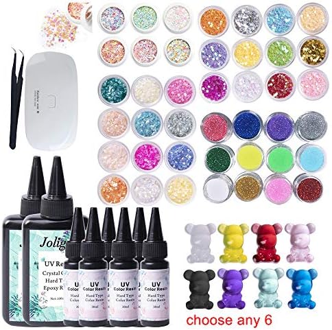 Transparent & Color UV Epoxy Resin Kit Crystal Clear 200ML + Choose Any 6 Colored UV Resin 30ML with 42 Colorful Sequins Holographic Glitter Nacre Decorations + Portable UV Lamp Jewelry Making DIY by VidaRosa