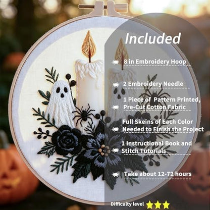 FONNUY Halloween Embroidery Kits for Beginners,Skull Pumpkin Spider Web Floral Stamped Cross Stitch Kit for Adults, Spooky Season Boho Wall Decor, 8'' Hoop (Candles) - Image 2