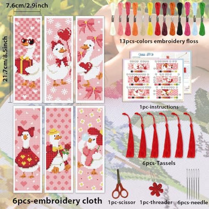 ACRNIGHEET 6PCS Cross Stitch Bookmark Kit for Beginner Cute Goose Stamped Cross Stitch Kits Needlepoint Kit for Adults DIY Tassel Embroidery Bookmark Kits with Instructions Craft Gift 8.5"x3" 11CT - Image 2