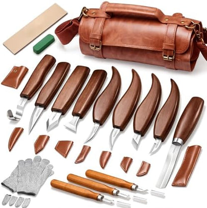 Wood Carving Kit, 17Pcs Wood Carving Tools, Professional Whittling Knife Set, Wooden Hand Knives with Sheath & Deluxe Leather Roll Bag for Beginners Adults & Starter Woodworking by Unknown