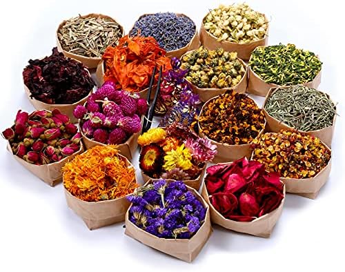 16 Bags Dried Flowers,100% Natural Dried Flowers Herbs Kit for Soap Making, DIY Candle Making,Bath - Include Rose Petals,Lavender,Don't Forget Me,Lilium,Jasmine,Rosebudsand More by SACATR
