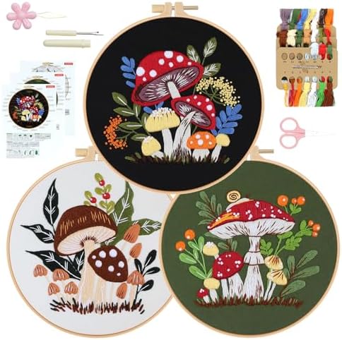 RidaaFri Embroidery Kit for Beginners, 3 Pk Stamped Mushroom DIY Craft by RidaaFri