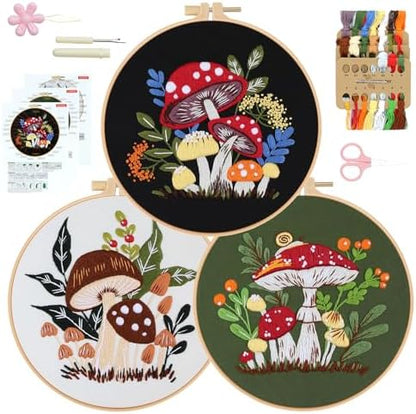 RidaaFri Embroidery Kit for Beginners, 3 Pk Stamped Mushroom DIY Craft by RidaaFri