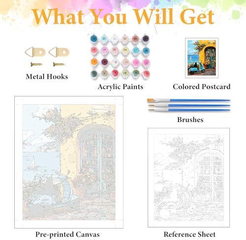 Paint by Numbers Kit for Adults, Coastal Bookshop & Ocean, 16x20 Inch - Image 5