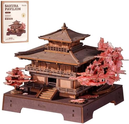Rolife 3D Wooden Puzzle Sakura Pavilion, DIY Japanese Architecture Model & Miniature House Building Kit for Adults, 235PCS Wood Craft Puzzle, Cherry Blossom Home Decor for Teens and Adults by Rolife