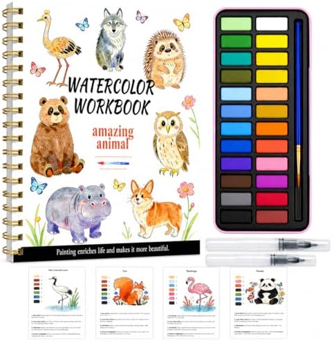 Watercolor Workbook - Water Color Coloring Book Set for Adults. 14 Land Animal Water Colors Book, 24 Color Watercolor Paint, 3 Brush Pens, 300g Watercolor Paper, Perfect Gifting for Beginners by Unknown