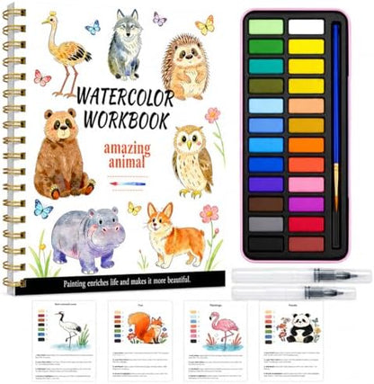 Watercolor Workbook - Water Color Coloring Book Set for Adults. 14 Land Animal Water Colors Book, 24 Color Watercolor Paint, 3 Brush Pens, 300g Watercolor Paper, Perfect Gifting for Beginners by Unknown