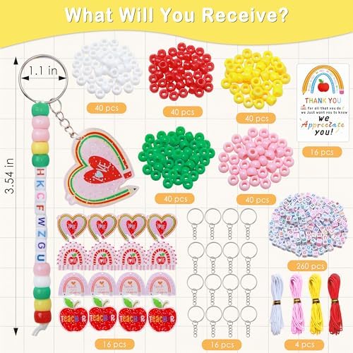Tuhangcc Unique Design 16 Sets Teacher DIY Charm Bead Keychain Kit with 10 A-Z Letter Beads 16 Charms & Greeting Card for Teacher Day Gift (Teacher's Day) - Image 3