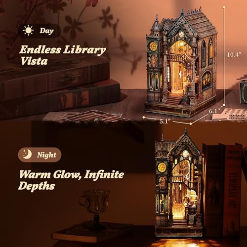 FUNPOLA Magic Library Book Nook Kit – LED 3D Wood Puzzle with Infinity Mirror – DIY Bookshelf Decor, Miniature Craft Gift for Adults - Image 6