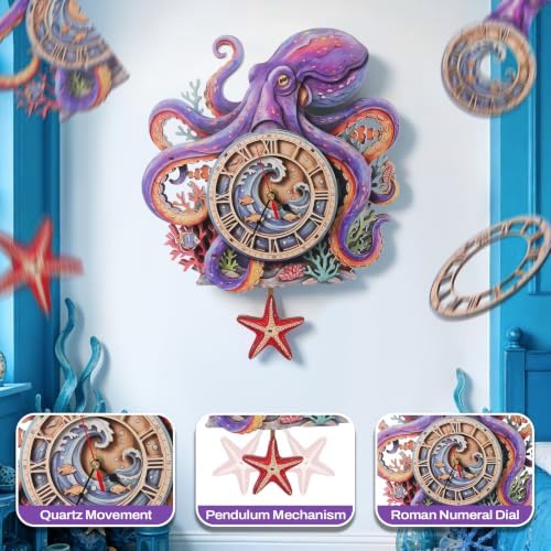 3D Puzzles for Adults Octopus Clock Crafts for Adults Wooden Puzzles - Image 2
