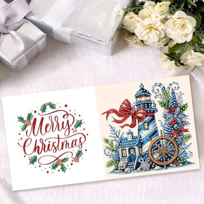 6PCS DIY Diamond Art Painting Greeting Card Set Xmas Lighthouse Rhinestone Diamond Art Mosaic Postcards for Xmas Birthdays Thanksgiving & Special Occasion - Image 3