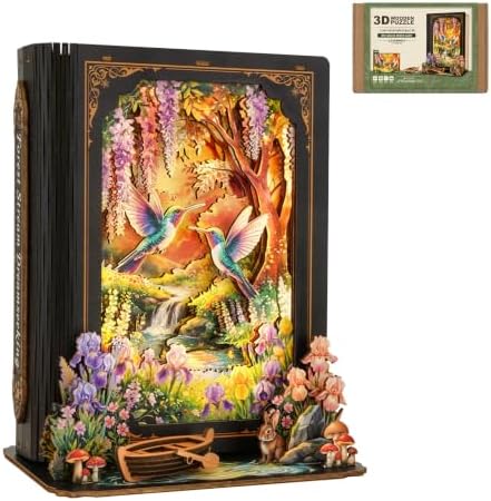 3D Puzzles for Adults-Forest Dreamscape, DIY Book Nook Kit with LED Nightlight, 3D Wooden Puzzles Hummingbird Forest Storybook Puzzle, Home Decor Gift for Adults Book Lovers by Cutywood
