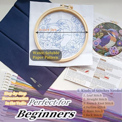 FONNUY Embroidery Kit for Beginners, Birds with Flowers Pre-Stamped Pattern Kits for Adults with Hoop, Easy to Follow Color Thread Needlework, 8'' Hoop (Purple 2) - Image 6