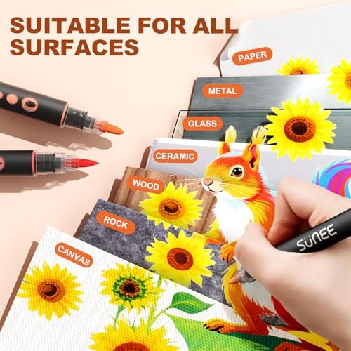 SUNEE 48 Colors Acrylic Paint Markers, Dual Tip Bullet & Brush Paint Pens with Automatic Ink Control System, Art Supplies for Adults & Teens, for Rock, Wood, Canvas, Glass Creative Projects - Image 5