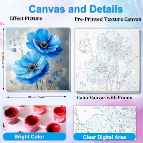 Artunion Framed Paint by Numbers Kit for Adults Beginners & Kids Ages 8-12,Blue Flowers Paint by Number with Frame,Abstract Poppy Paint by Numbers Kit on Canvas 10 * 10 Inch Without Easel - Image 3