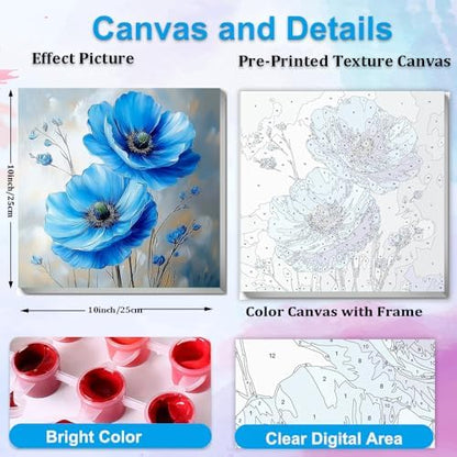 Artunion Framed Paint by Numbers Kit for Adults Beginners & Kids Ages 8-12,Blue Flowers Paint by Number with Frame,Abstract Poppy Paint by Numbers Kit on Canvas 10 * 10 Inch Without Easel - Image 3