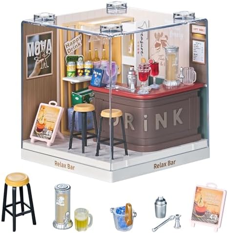 Super Mini Miniature Lounge Bar DIY Kit with Acrylic Display Case by Qudify