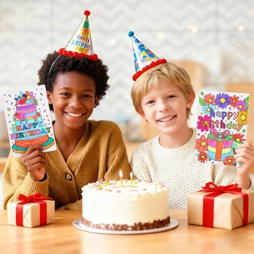 Birthday Coloring Cards, 24 Unique Blank Greeting Card Set with Cakes, Flowers & Gifts, DIY Art Craft for Kids, Adults, Holiday Gift Ideas for Mom, Friends, Thank You & Greeting Card Collection - Image 5